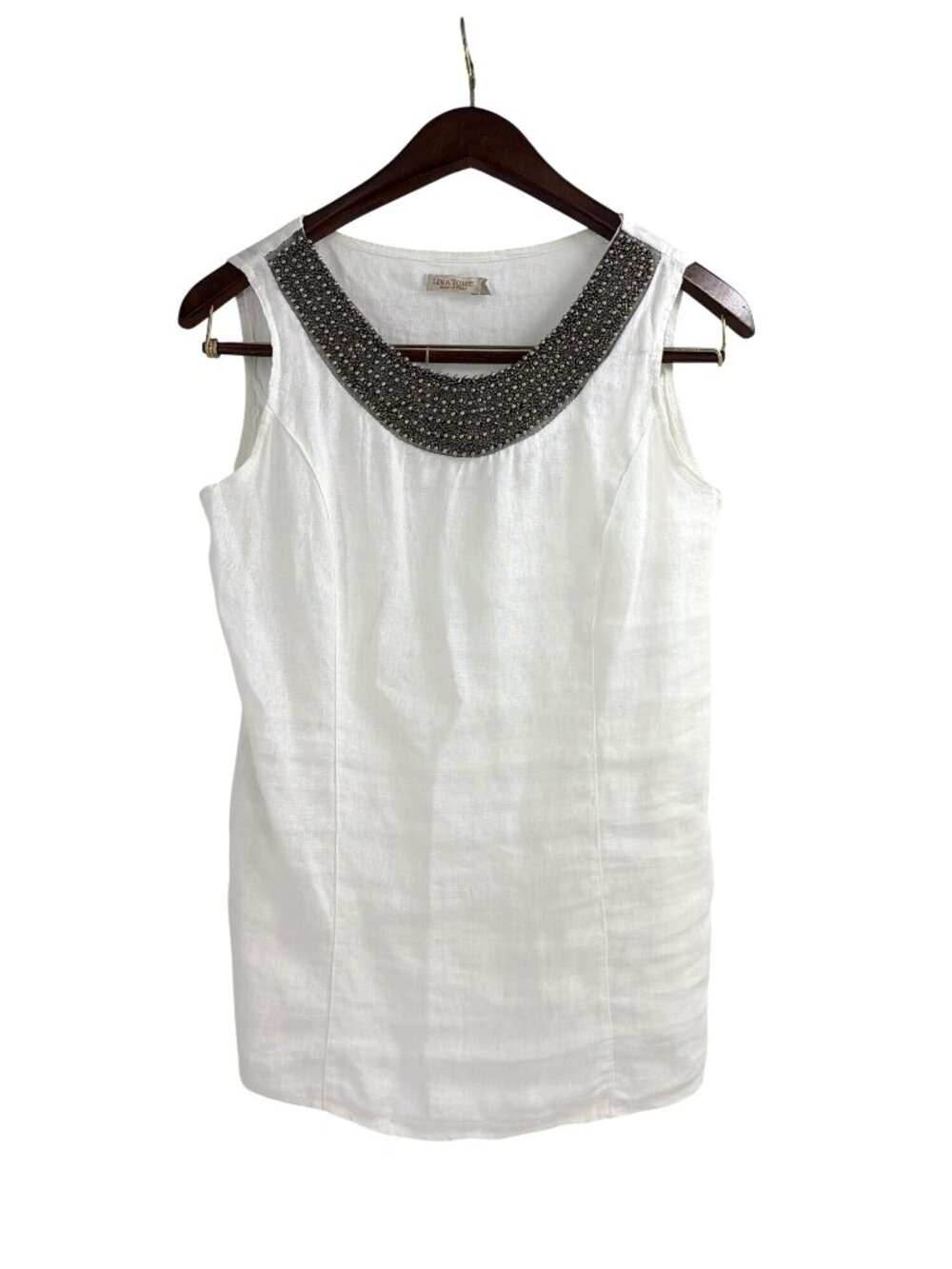 Lina Tomei White Linen Beaded Neck Sleeveless Top Womens Small Coastal Lagenlook